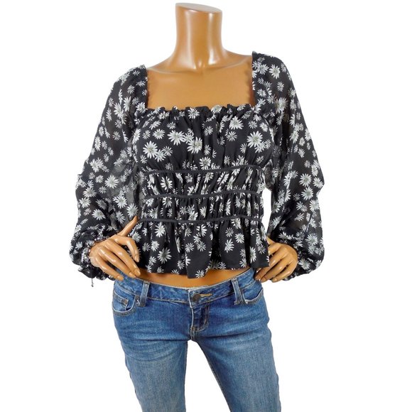 LEYDEN L New Black Daisy Print Cropped Top Stretch Bodice Long Sheer Sleeves - Picture 2 of 9